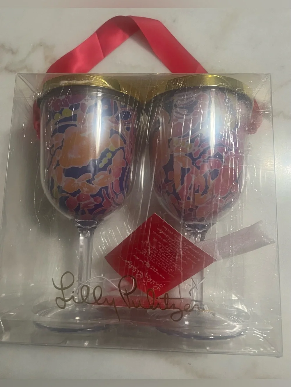 Lily Pulitzer Acrylic Catch And Release Sip Sip Wine Glasses Gold Lids Straw New